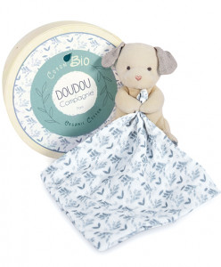 Doudou mouchoir Chien blanc - bleu en coton BIO - 15 cm