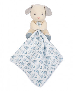 Doudou mouchoir Chien blanc - bleu en coton BIO - 15 cm