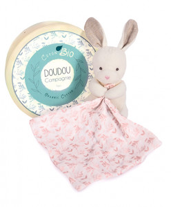 Doudou mouchoir Lapin blanc - rose en coton BIO - 15 cm