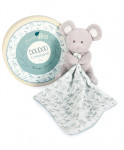 Doudou mouchoir Souris grise - vert en coton BIO - 15 cm